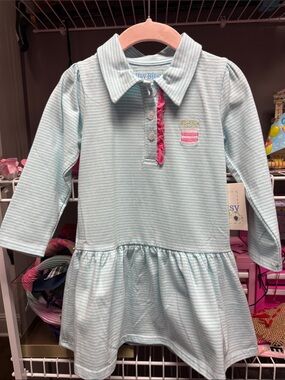 Itsy Bitsy Dress in Light Aqua Stripes with Pink Birthday Cake Accent